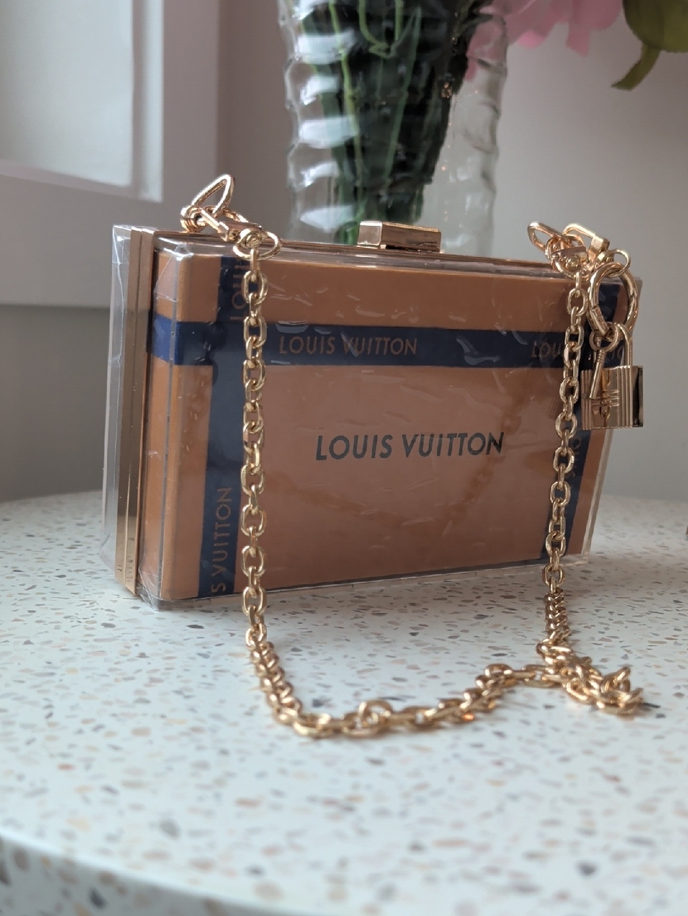Clear Upcycled Novelty Box Clutch with Tan and Royal Blue Accents